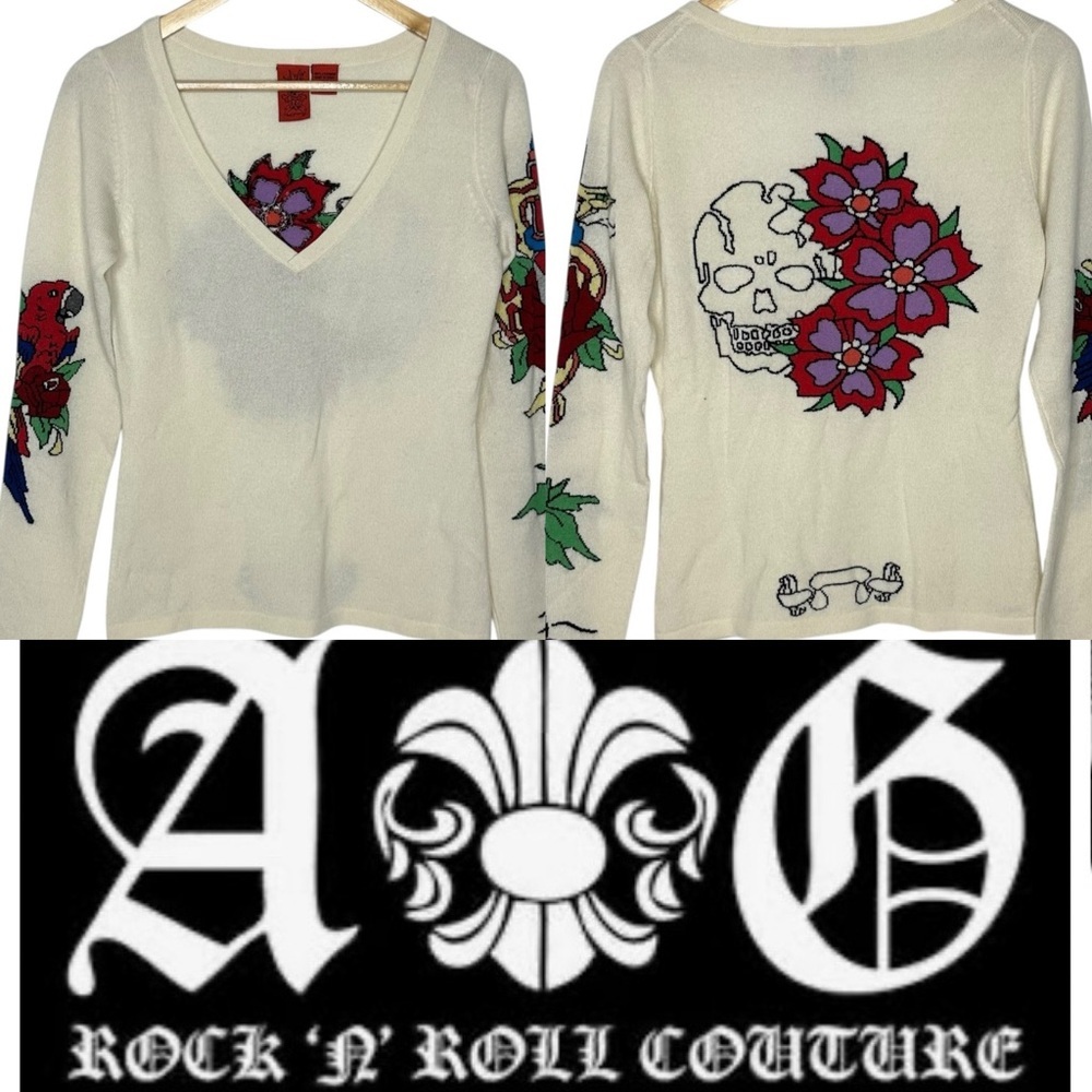 A&G Rock n Roll Couture by Amal Guessous Skull/Bird/Flowers Cashmere Sweater L